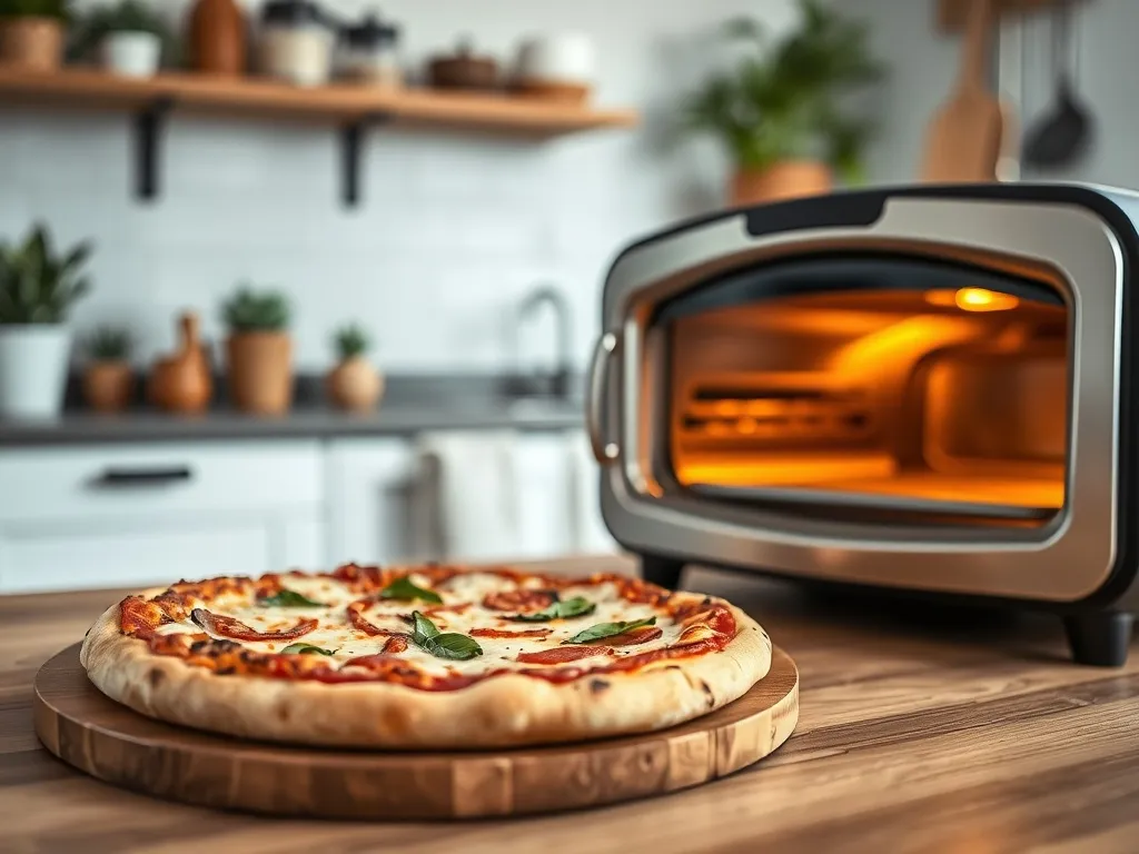 Świeżo upieczona pizza na blacie obok kompaktowego pieca do pizzy, ukazująca efekt domowego wypieku pizzy.