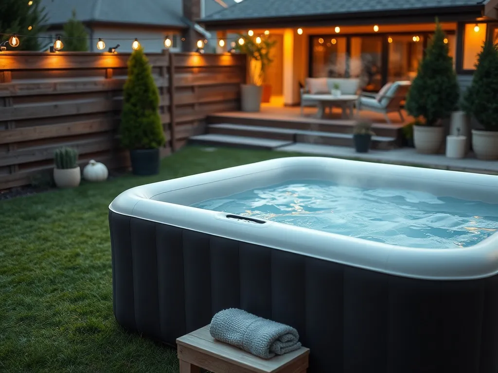 Przytulny ogród z dmuchanym jacuzzi, otoczony zielenią i ciepłym oświetleniem tarasu, zachęcający do relaksu na świeżym powietrzu