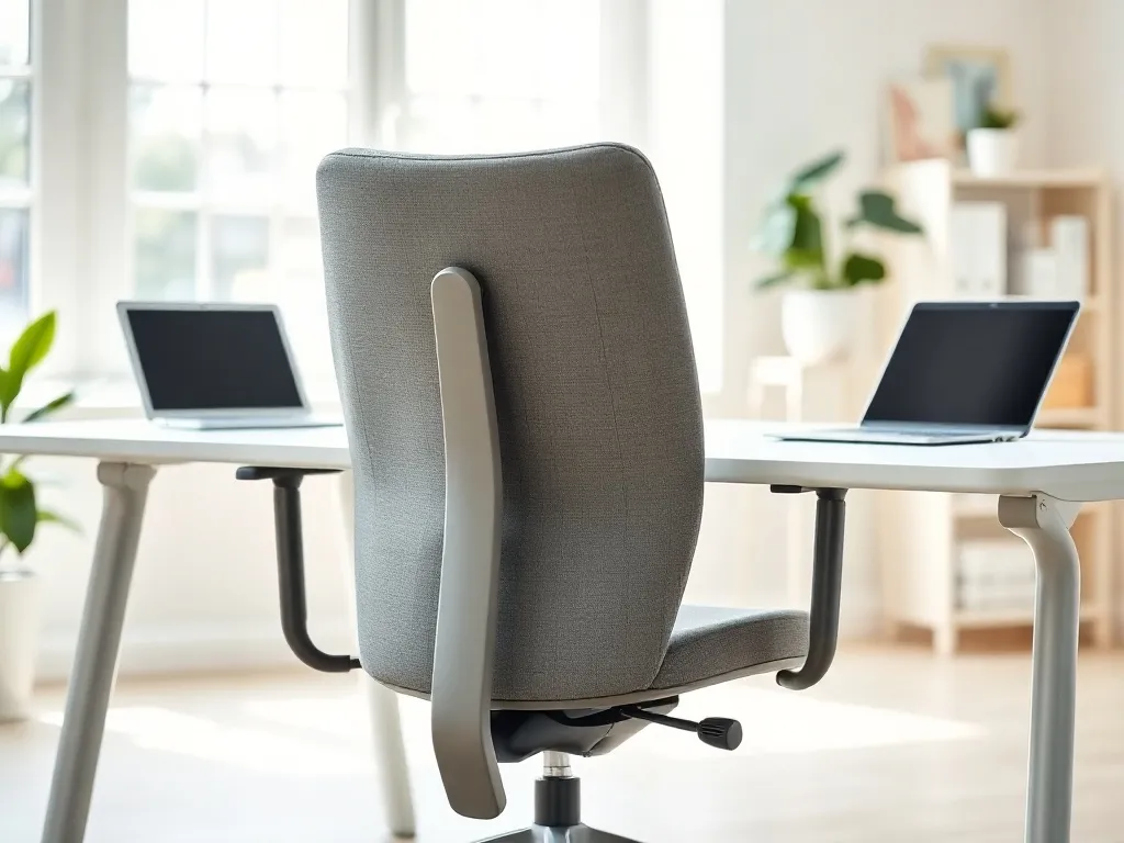 Ergonomiczny fotel biurowy przy minimalistycznym biurku, podkreślający wygodę i zdrową postawę w jasnym home office
