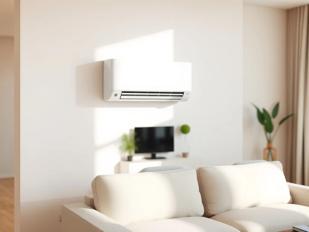 Nowoczesny klimatyzator ścienny w jasnym, minimalistycznym salonie, podkreślający komfort i estetykę wnętrza.