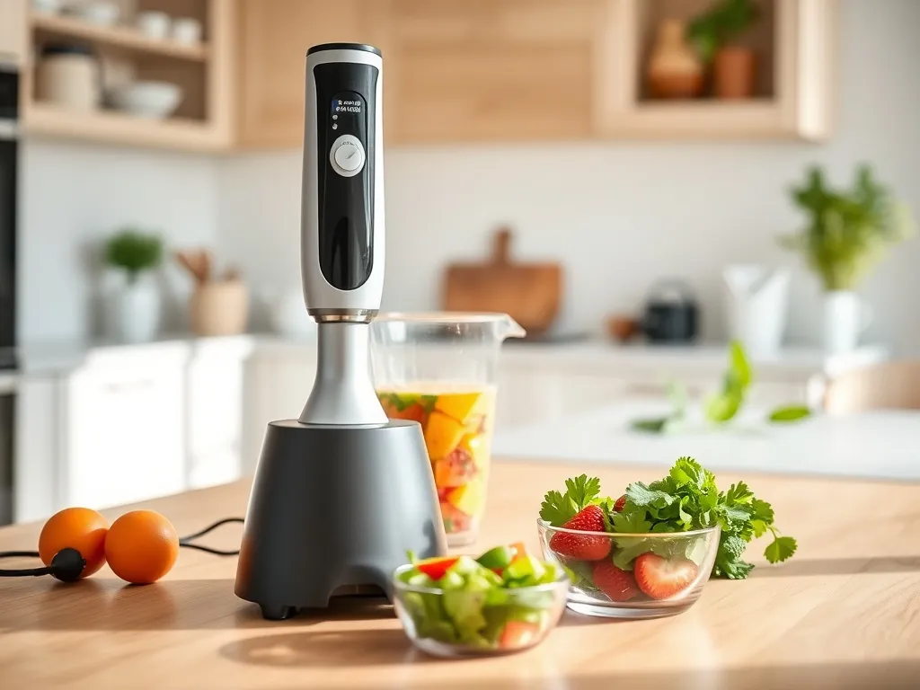 Nowoczesny blender ręczny na blacie obok koktajlu i warzyw, ilustrujący sprzęt testowany w rankingu blenderów.