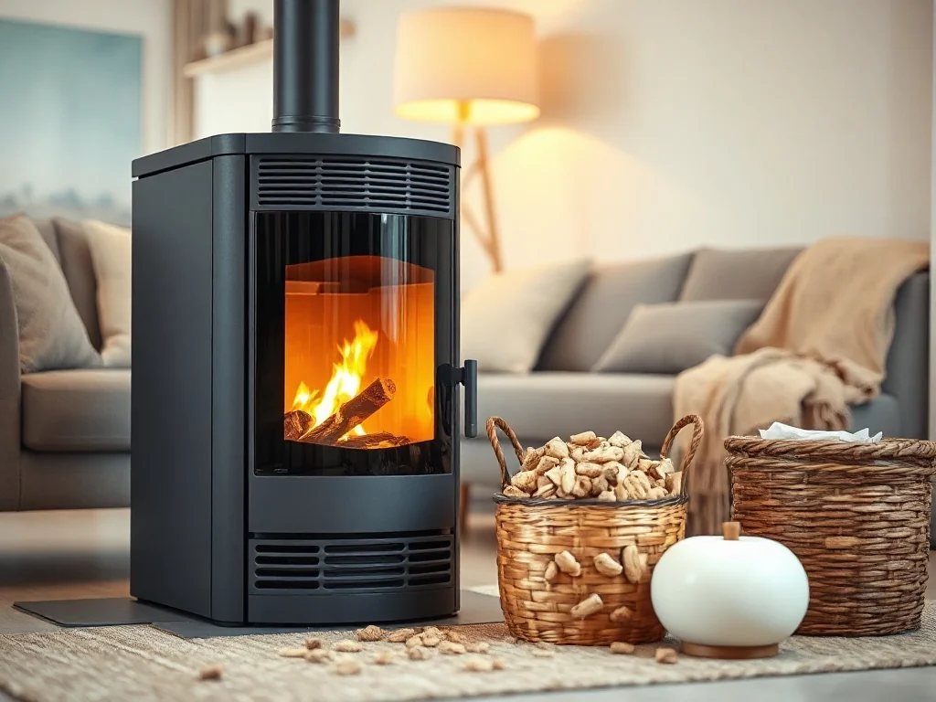 Nowoczesny piec na pellet 10kW w salonie, z widocznym płomieniem i koszem pelletu, podkreślający ekologiczne ogrzewanie domu.
