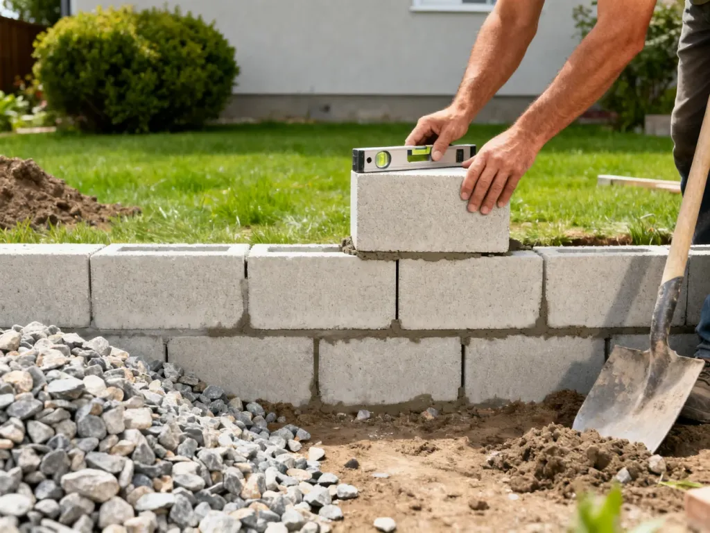 Budowa małego ogrodowego muru oporowego z jasnoszarych bloczków betonowych, pracownik układa blok z użyciem poziomicy