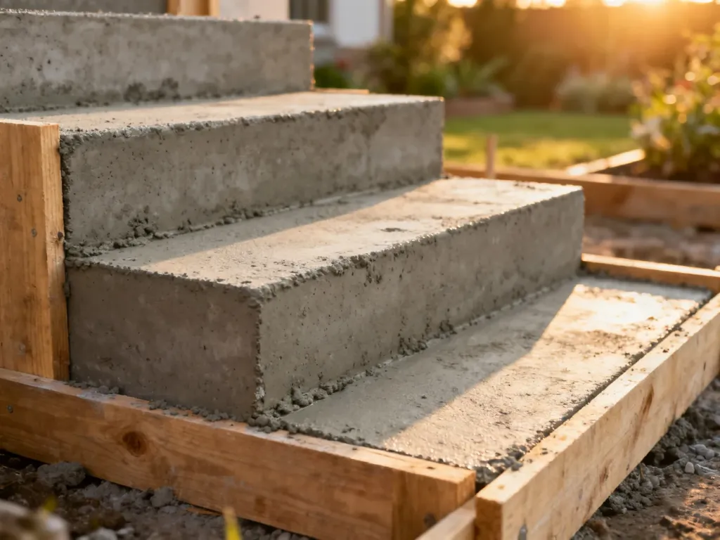 Surowe betonowe schody w trakcie budowy z widocznym szalunkiem na tle ogrodu w świetle zachodzącego słońca.