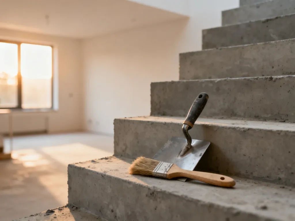 Surowe schody betonowe w trakcie wykończenia z narzędziami budowlanymi w słonecznym, minimalistycznym wnętrzu.