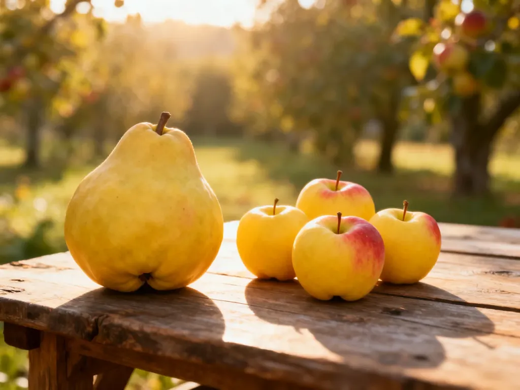 Porównanie owoców pigwy i pigwowca leżących obok siebie na drewnianym stole w ogrodzie.