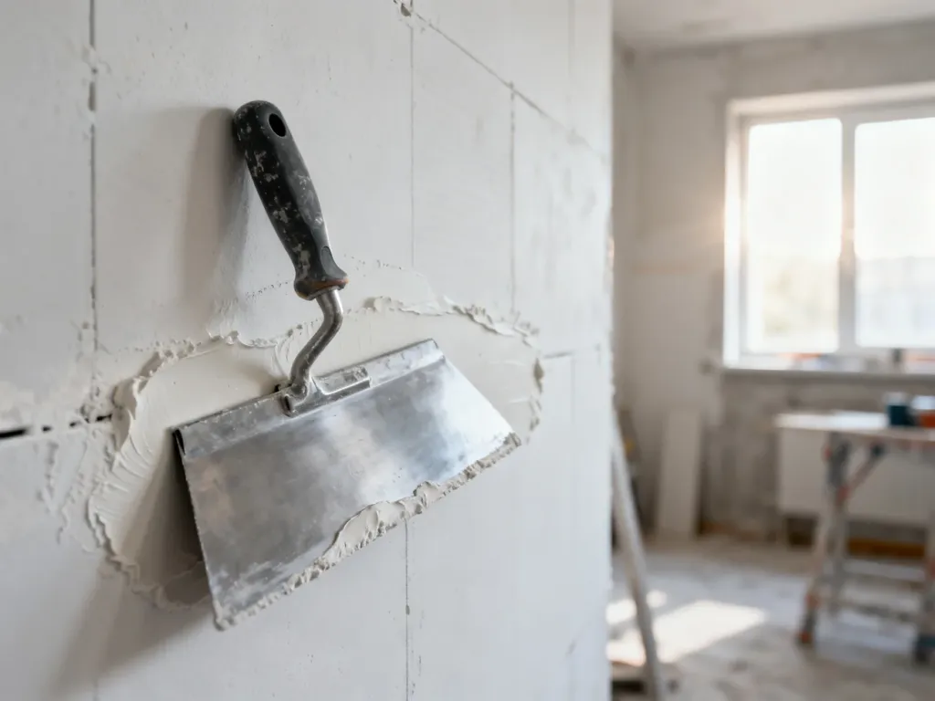 Metalowa szpachelka na wygładzonym łączeniu płyt gipsowo-kartonowych podczas prac wykończeniowych w jasnym wnętrzu.