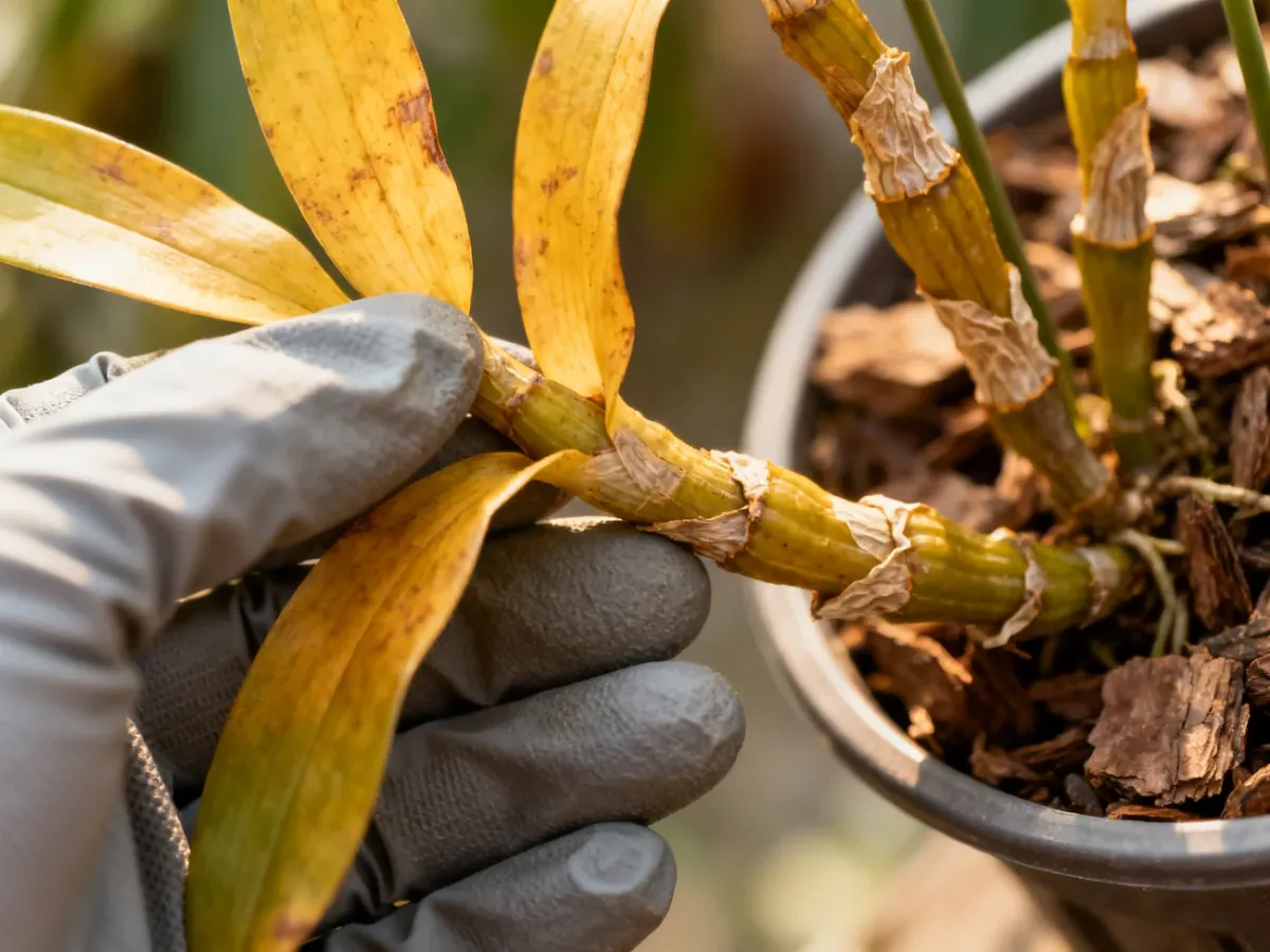 Żółknące liście i pomarszczone pseudobulwy Dendrobium nobile