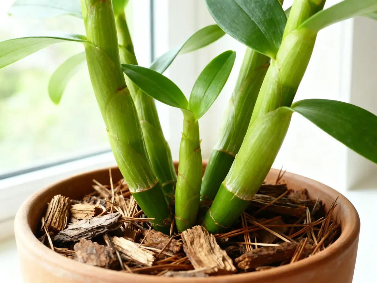 Zdrowe pseudobulwy storczyka Dendrobium nobile w doniczce