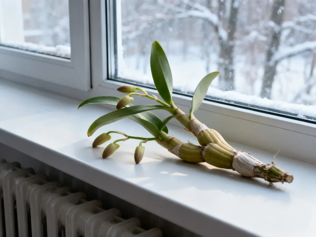 Dendrobium nobile podczas chłodnego okresu spoczynku przy jasnym oknie
