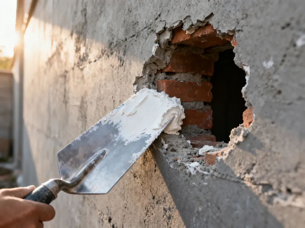 Metalowa szpachla nakładająca białą masę tynkarską na głęboki ubytek w betonowej ścianie.