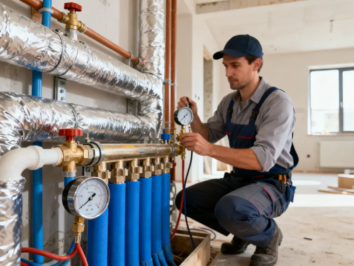Instalator sprawdzający szczelność instalacji wodnej w nowym domu