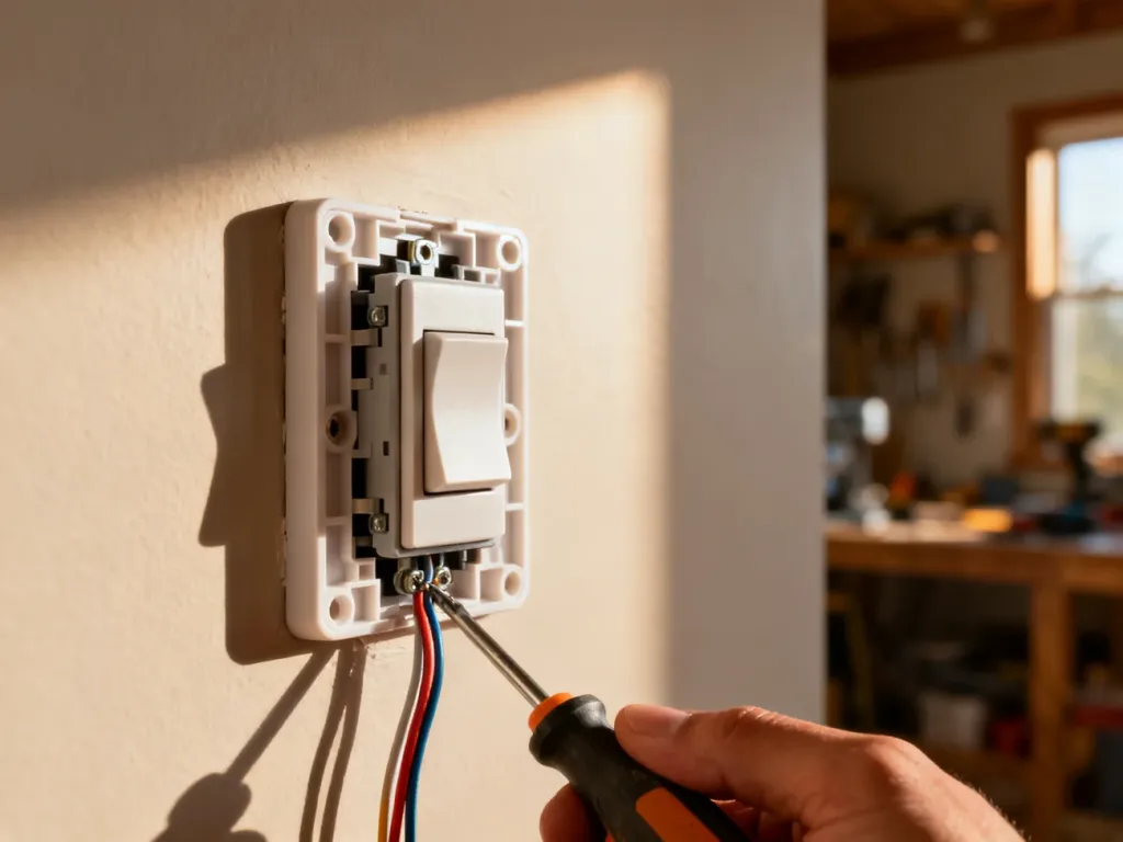 Dłoń elektryka przykręcająca śrubokrętem nowoczesny włącznik światła zamontowany na jasnej ścianie.