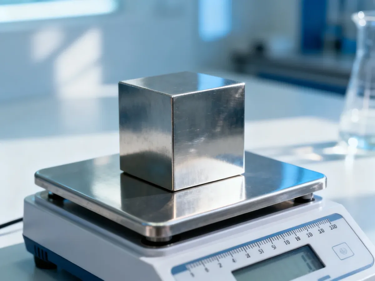 Precyzyjna metalowa kostka na laboratoryjnej wadze, symbolizująca dokładność i profesjonalizm w badaniach naukowych.