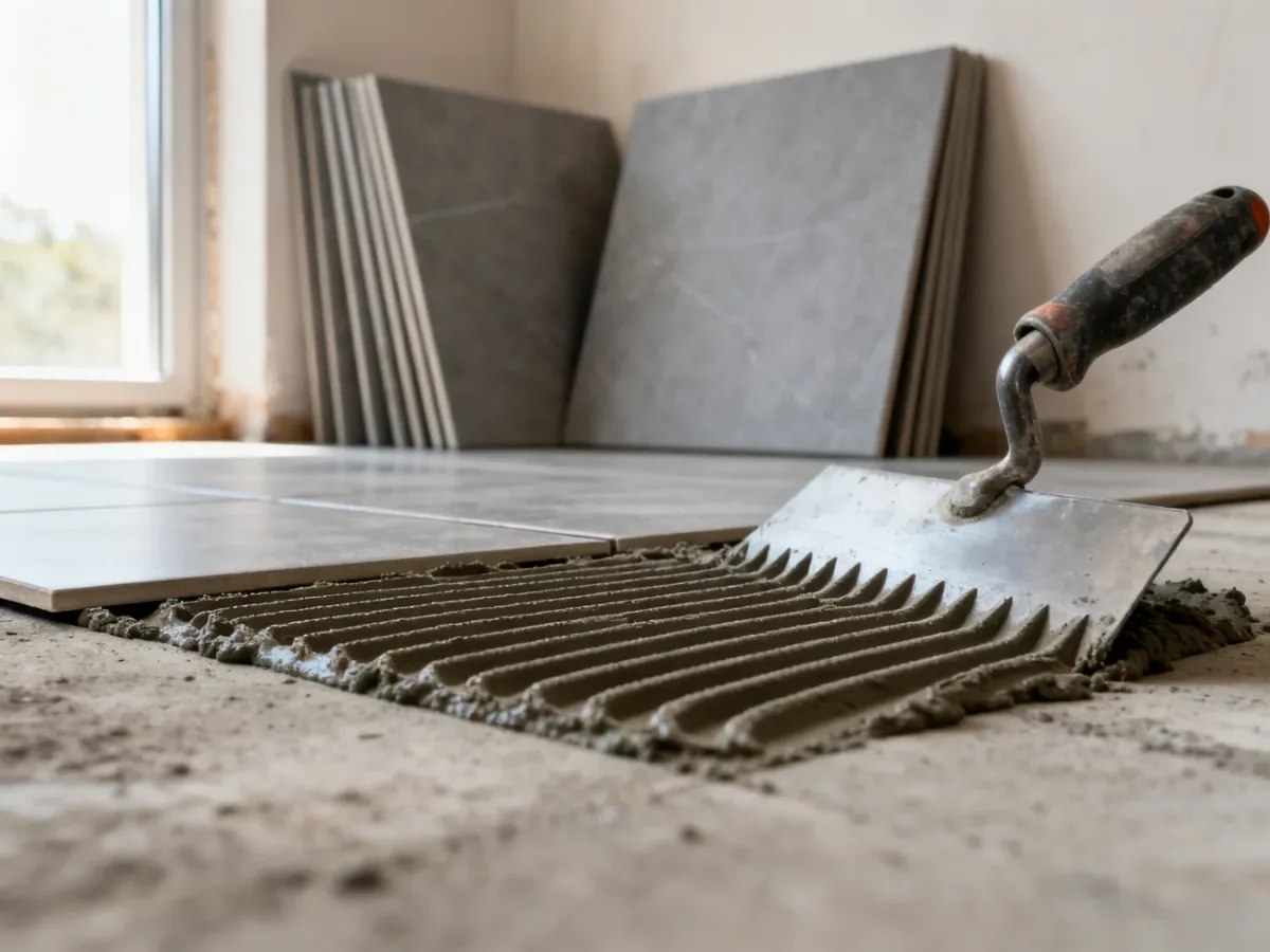 Proces układania wielkoformatowych płytek ceramicznych na warstwie kleju rozprowadzonego ząbkowaną pacą.