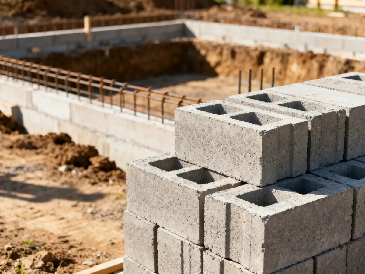 Stos szarych bloków fundamentowych na placu budowy. W tle widoczne zbrojenie i przygotowane podłoże pod nowy budynek.