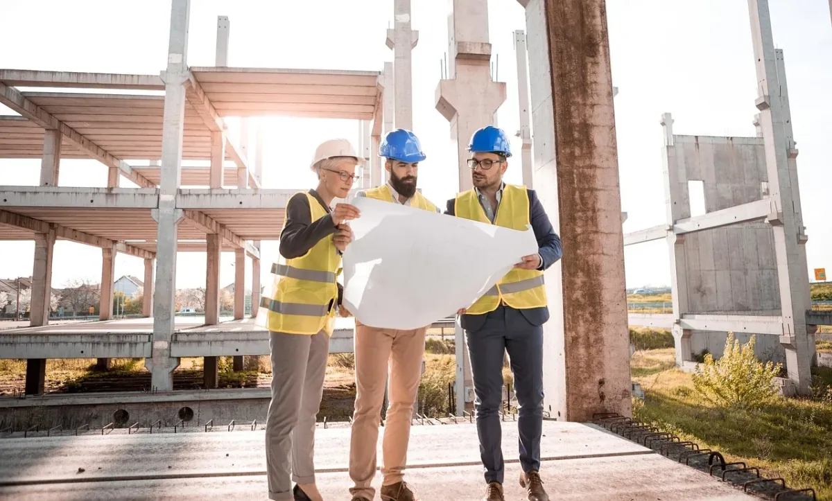 Architekt analizuje plan budowy garażu, mając obok siebie kask ochronny symbolizujący bezpieczeństwo prac.